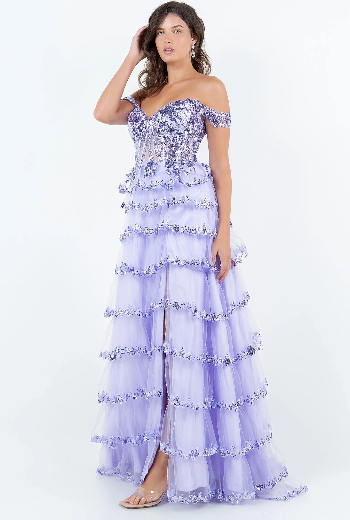Lavender prom dress completed with thigh-high slit and side drape