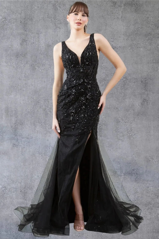 A full-length front view of a woman wearing a black lace formal prom dress with an elegant scoop neckline detail.