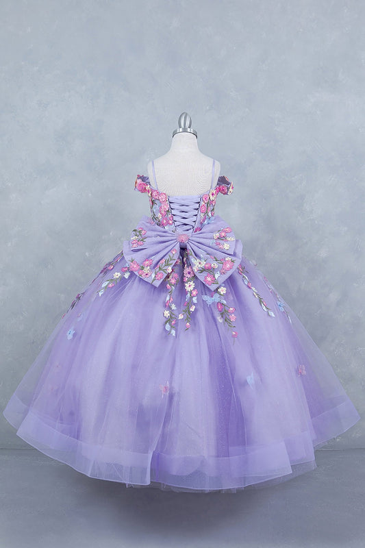 Lilac back view kids mini quinceañera ball gown with multicolor daisy embroidery and large detachable bow