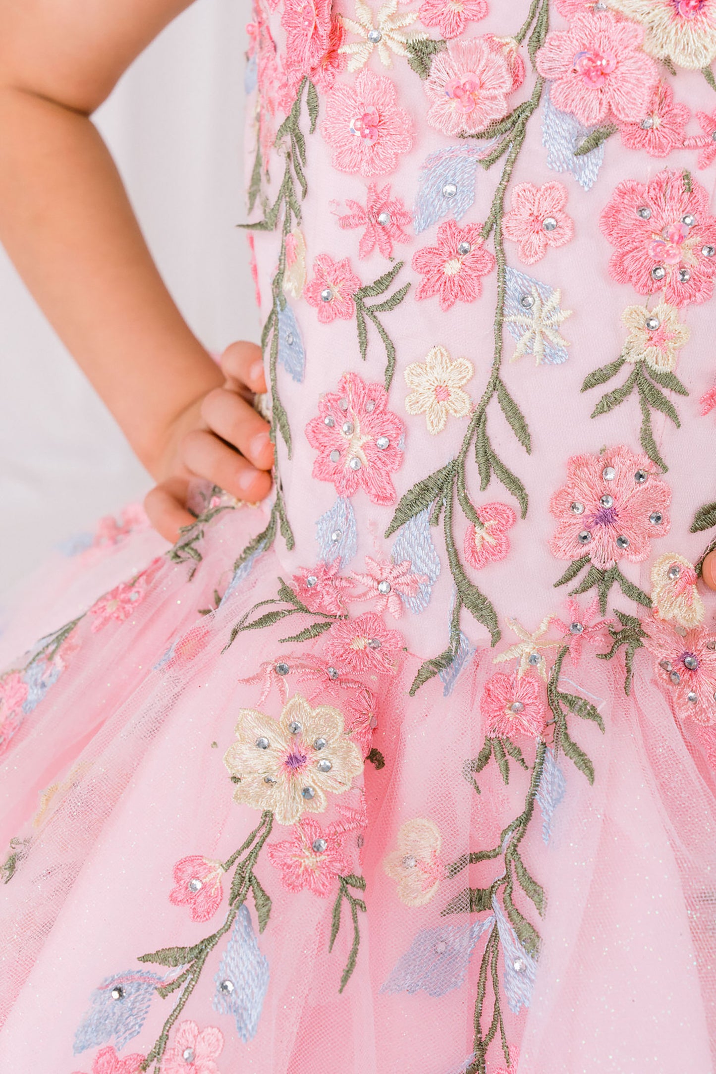 Close-up of a pink floral dress with intricate embroidery on a light background