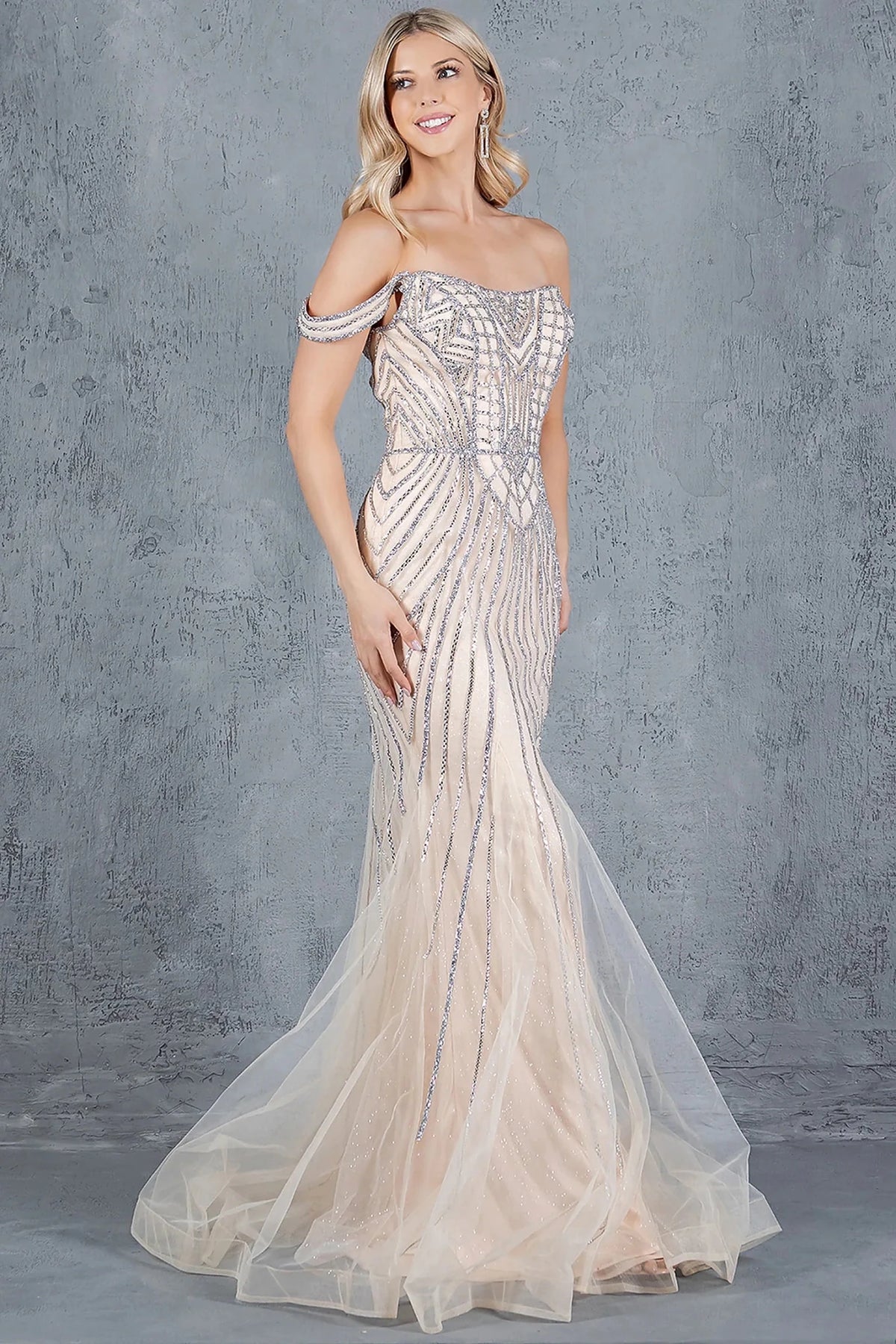 Intricate features stand out across champagne prom dress designed with sheer tulle overlay flowing to floor length.