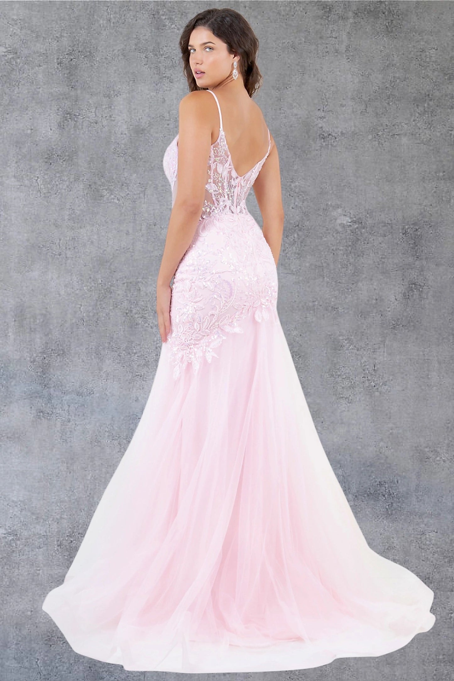 Pink tulle mermaid prom dress designed with low V-shape back and zipper closure