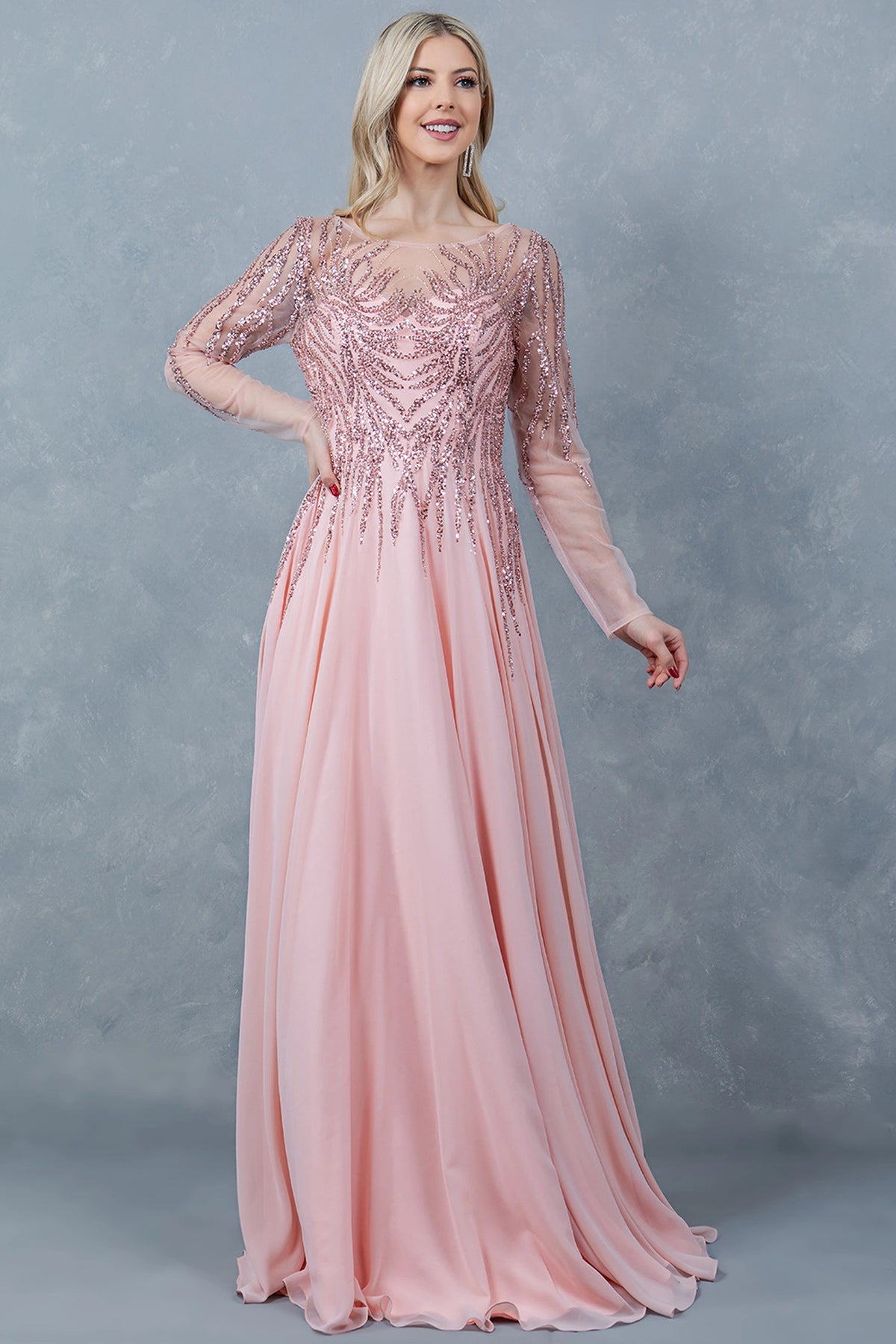 Romantic Rose Gold chiffon mother of the bride A-line dress features long embellished sleeves.