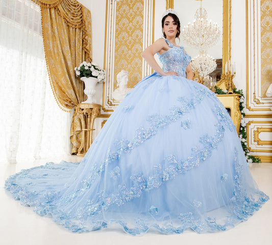 Quinceanera | Blue Metallic Floral Sweet 15 Ballgown | Zamora dress | 2 Colors Available side view