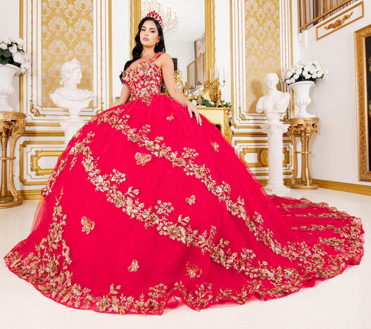 Quinceanera | Red Metallic Floral Sweet 15 Ballgown with Long Train | Zamora dress