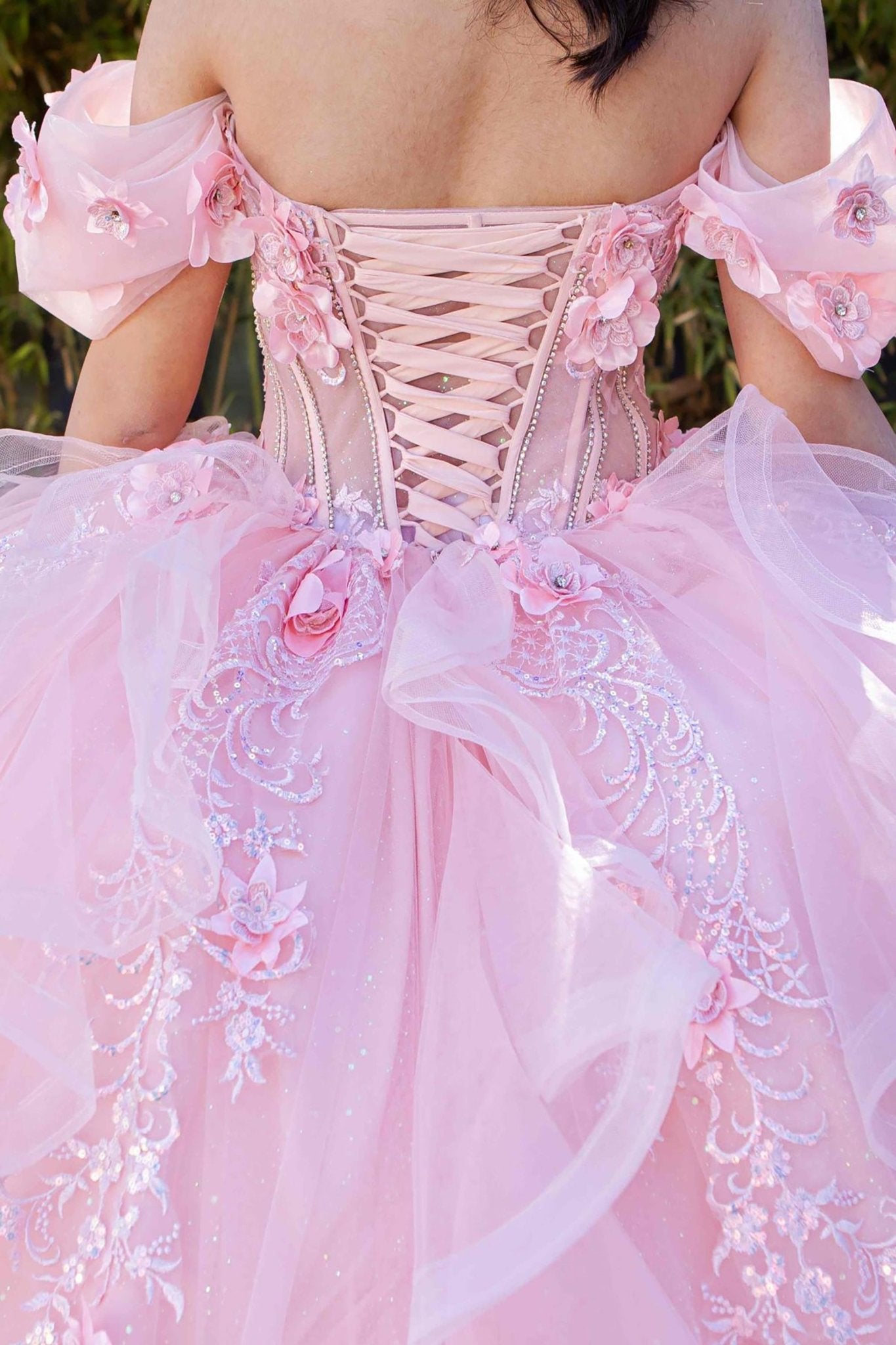 backQuinceanera | Blush Long Train Embroidered Floral Appliqués Sweet 15 Ball Gown | Yolanda dress | 2 Colors Available back zoom