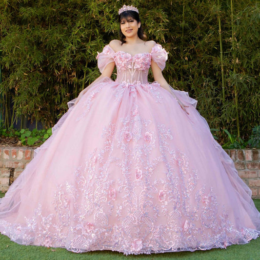 Quinceanera | Blush Long Train Embroidered Floral Appliqués Sweet 15 Ball Gown | Yolanda dress | 2 Colors Available front