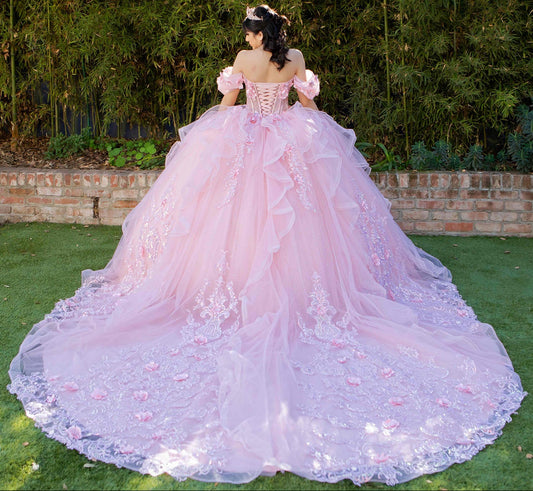 Quinceanera | Blush Long Train Embroidered Floral Appliqués Sweet 15 Ball Gown | Yolanda dress | 2 Colors Available back