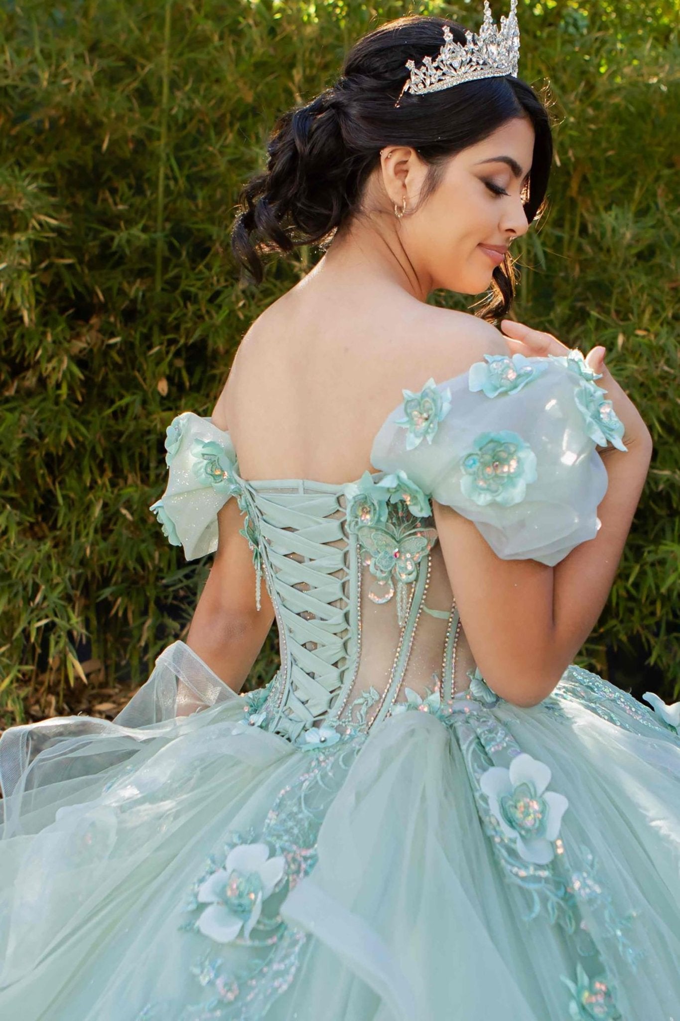 Quinceanera | Sage Extra Long Train Sweet 15 Ball Gown with Embroidered Floral Appliqués | Yolanda dress | 2 Colors Available back side