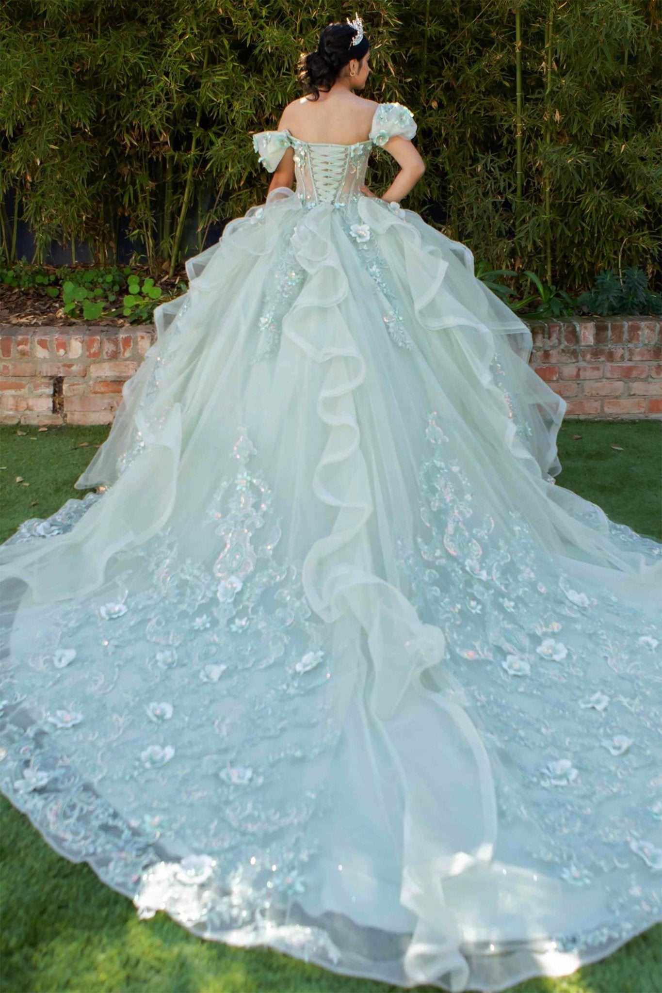 Quinceanera | Sage Extra Long Train Sweet 15 Ball Gown with Embroidered Floral Appliqués | Yolanda dress | 2 Colors Available back view