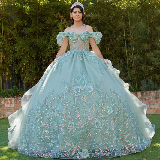 Quinceanera | Sage Extra Long Train Sweet 15 Ball Gown with Embroidered Floral Appliqués | Yolanda dress | 2 Colors Available