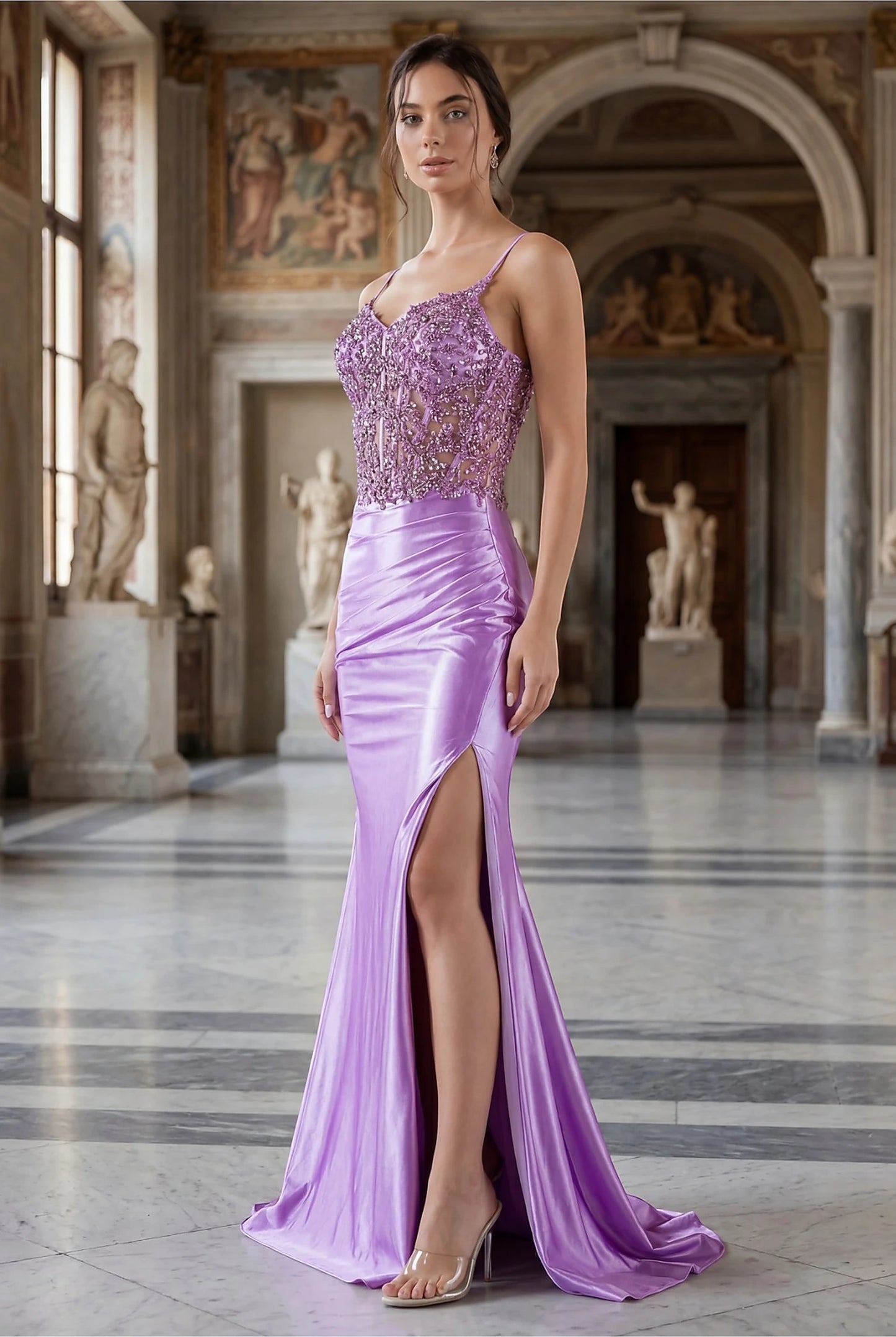 Lilac prom dress showcasing satin skirt with ruching and high slit
