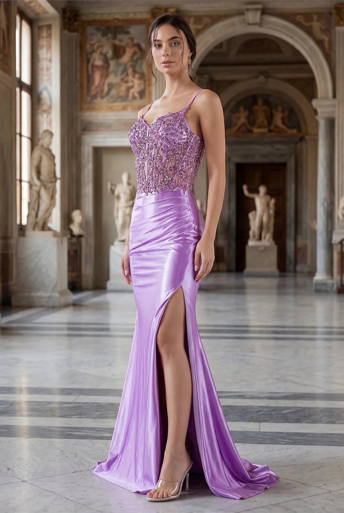 Intricate features stand out across lilac prom dress showcasing satin skirt with ruching and high slit.