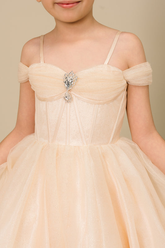 girl wearing a champagne Off-Shoulder Tulle Dress on a beige background