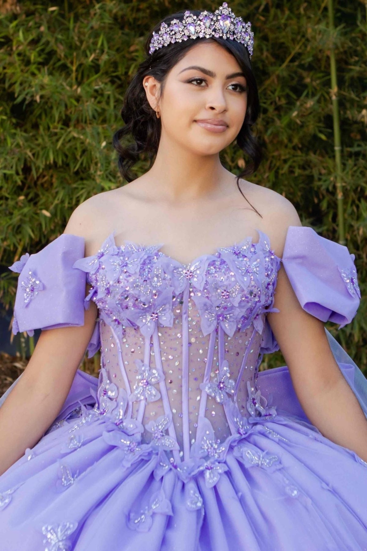 Bodice close-up highlights zoomed a lilac quinceanera ball gown with butterfly appliques, puffed sleeves, and rhinestone detailing.