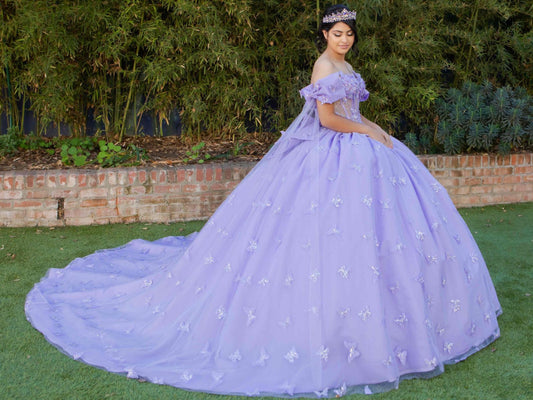 Quinceanera | Lilac Ballgown with Butterfly Appliques and Statement Bow | Zerlina dress | 2 Colors Available side view