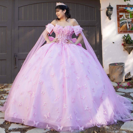 Quinceanera | Blush Ballgown with Butterfly Appliques and Statement Bow | Zerlina dress | 2 Colors Available
