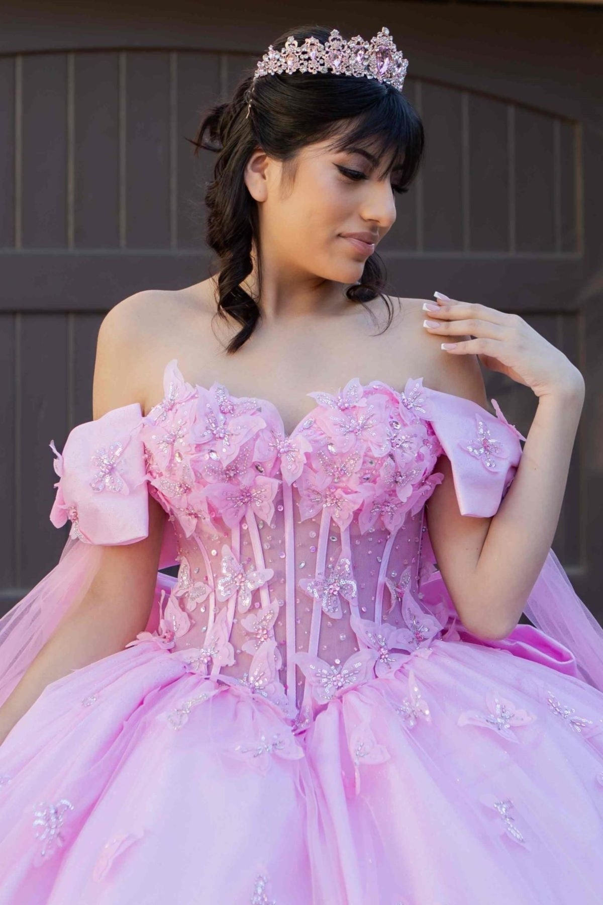 Bodice close-up highlights blush quinceanera ball gown with butterfly appliques, puffed sleeves, and statement bow.