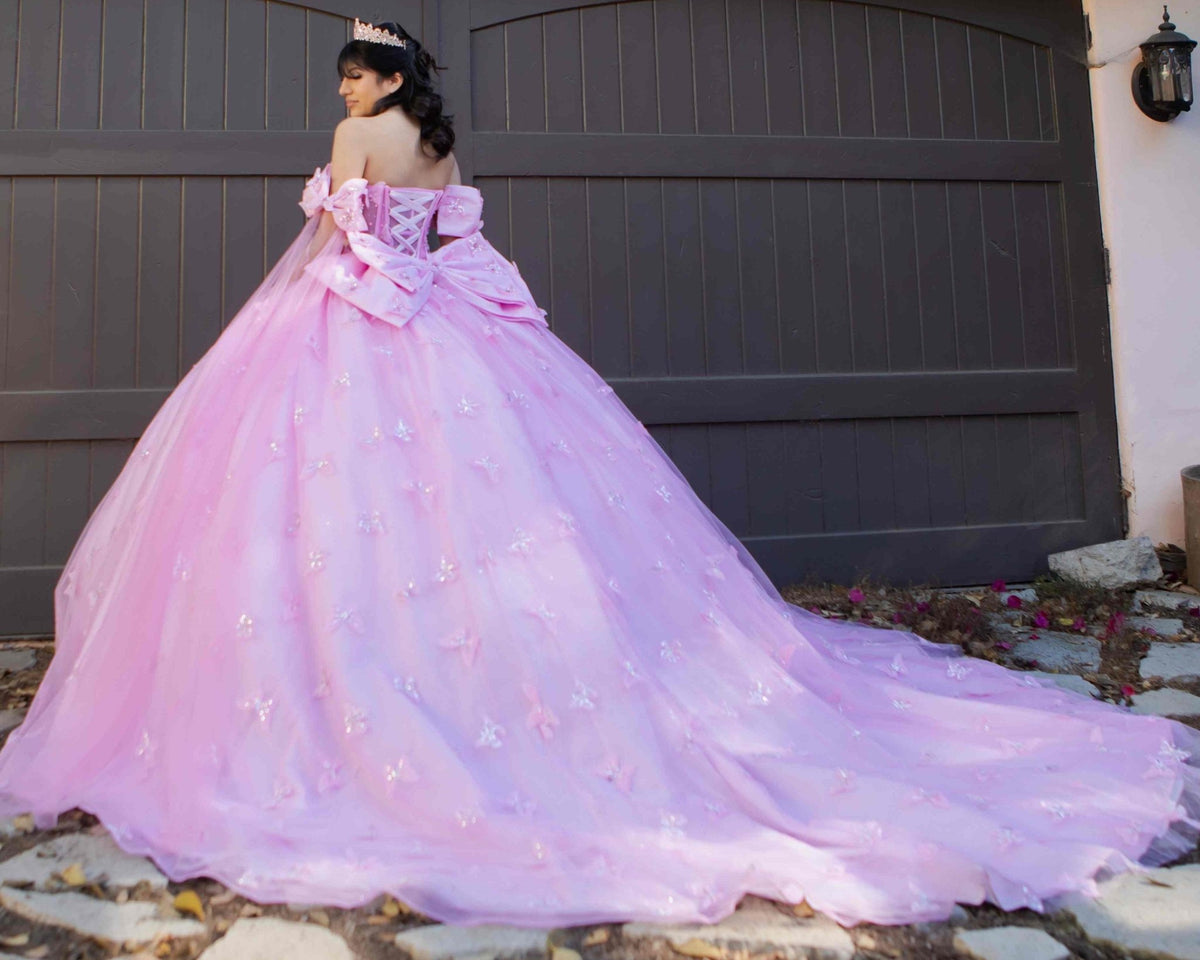 Rear view reveals blush quinceanera ball gown with butterfly appliques, puffed sleeves, and statement bow.