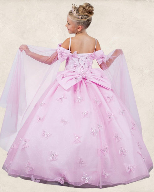 Mini Quince | Pink Dreamy Ball Gown with Semi‑Sheer Corset Bodice and Butterfly Appliques | Zerlina Dress back
