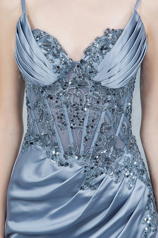 Stunning Dusty Blue Lace Corset Satin Prom Dress with Slit