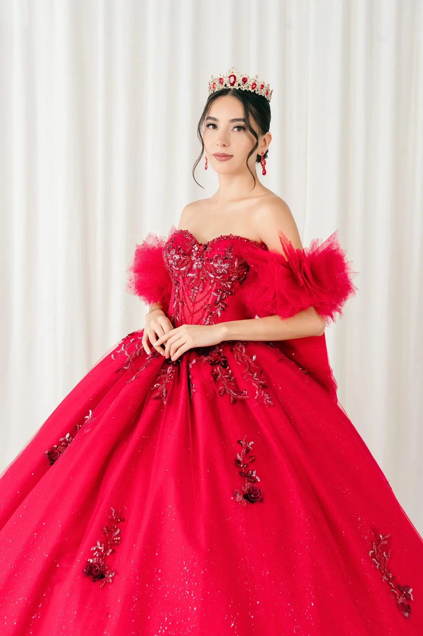burgundy dress for quinceanera Quinceañera with Ruffled Sleeves and Oversized Bow – American Stride High Neck Neckline Sleeves