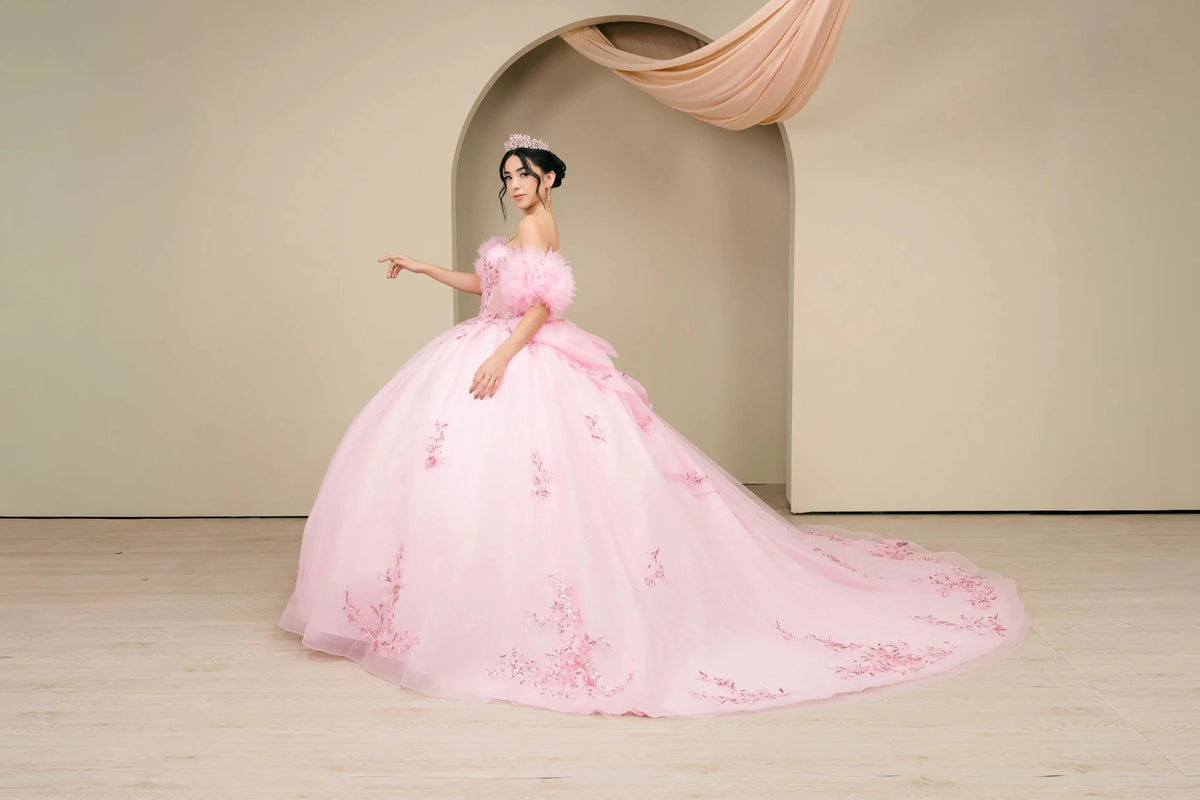 Skirt detail shows a pink off-shoulder quinceañera ball gown with floral embroidery and tulle skirt.