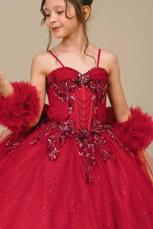 Regal Burgundy Kid Ball Gown with Layered Bow Back