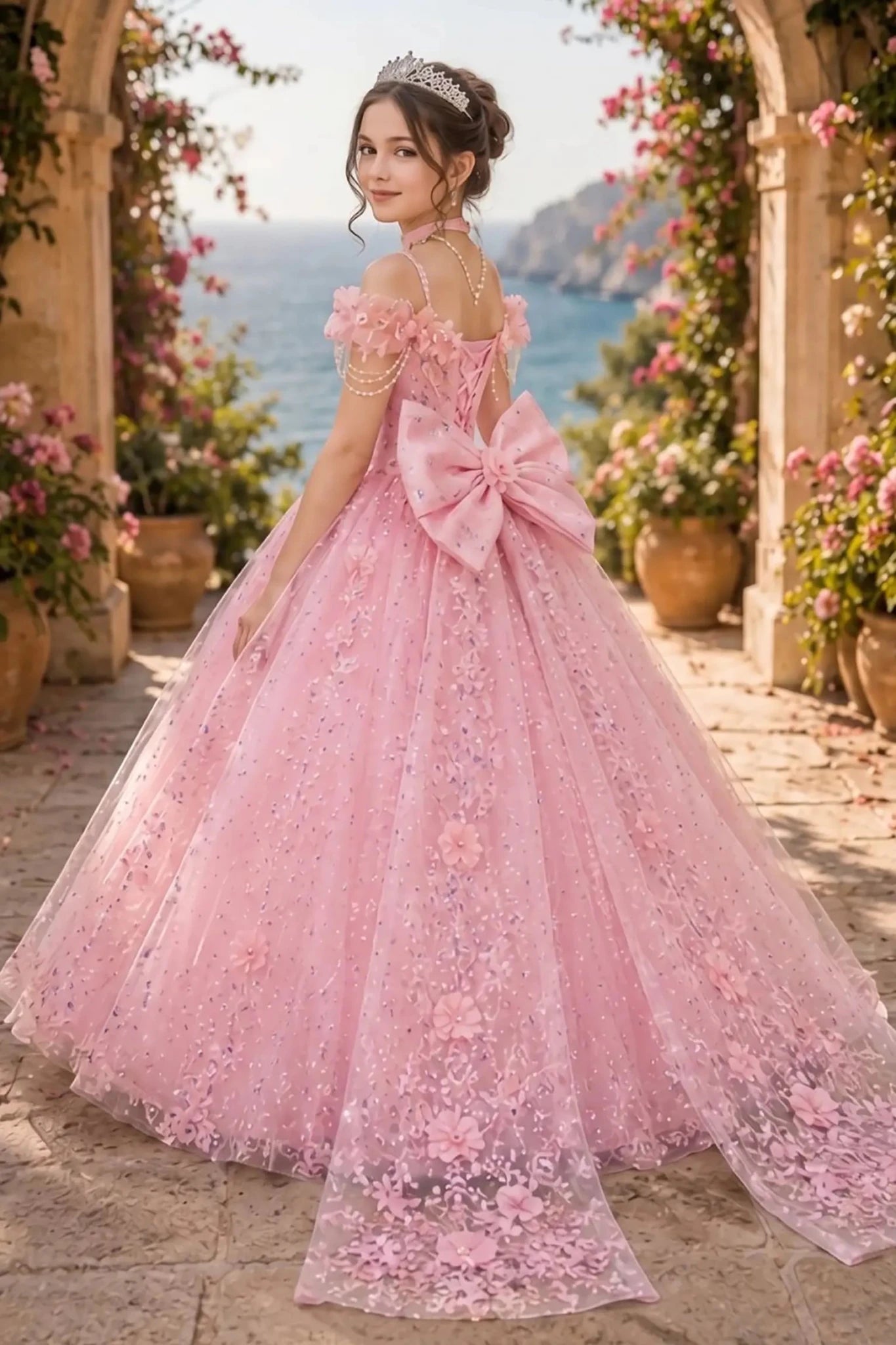 Side view of a pink kids quinceañera dress with extra big bow, pearl details, and layered glitter tulle skirt.