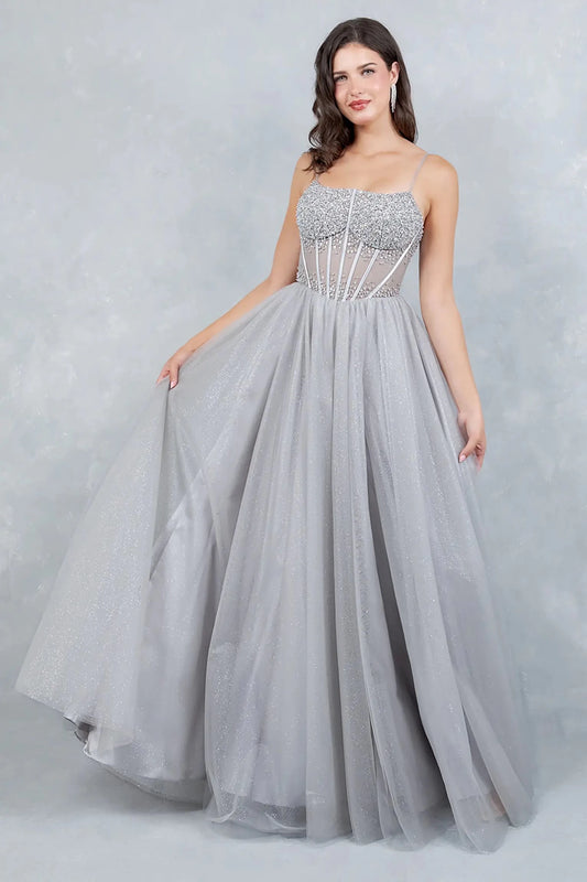 A full-length view of a woman wearing silver fairytale dress with a lace-up corset and sparkling full skirt.