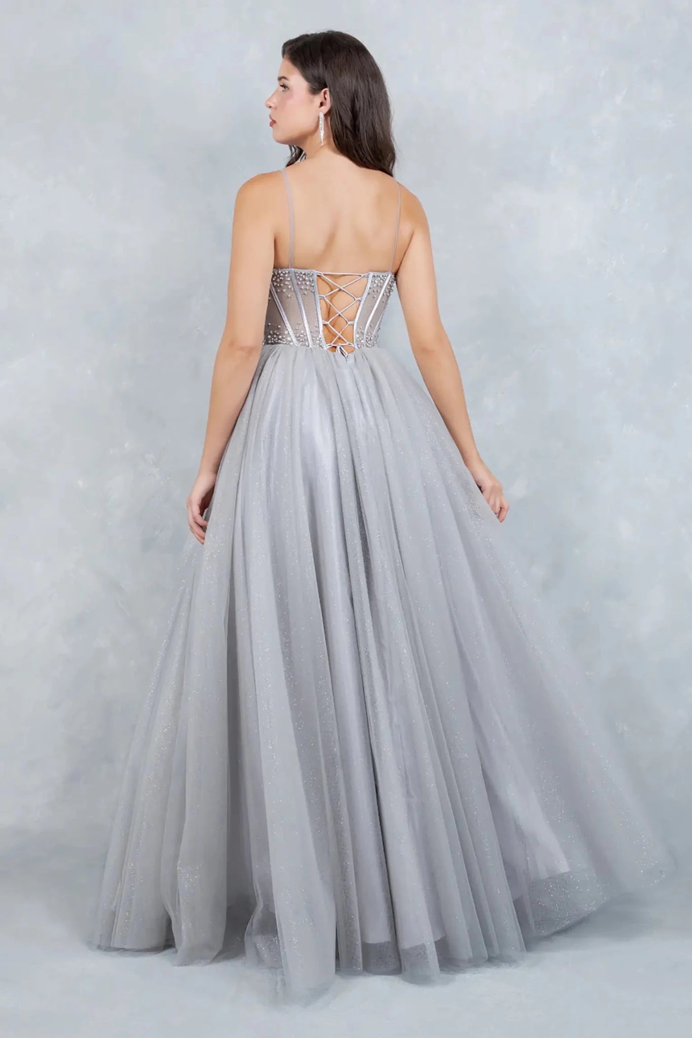 Full back view of silver fairytale dress with lace-up corset back and full sparkling skirt.