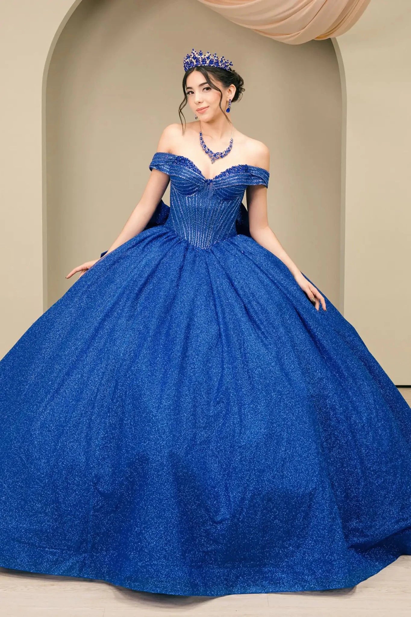 Royal Blue Quinceañera Dress with Beaded Corset and Glitter Tulle M / Blue