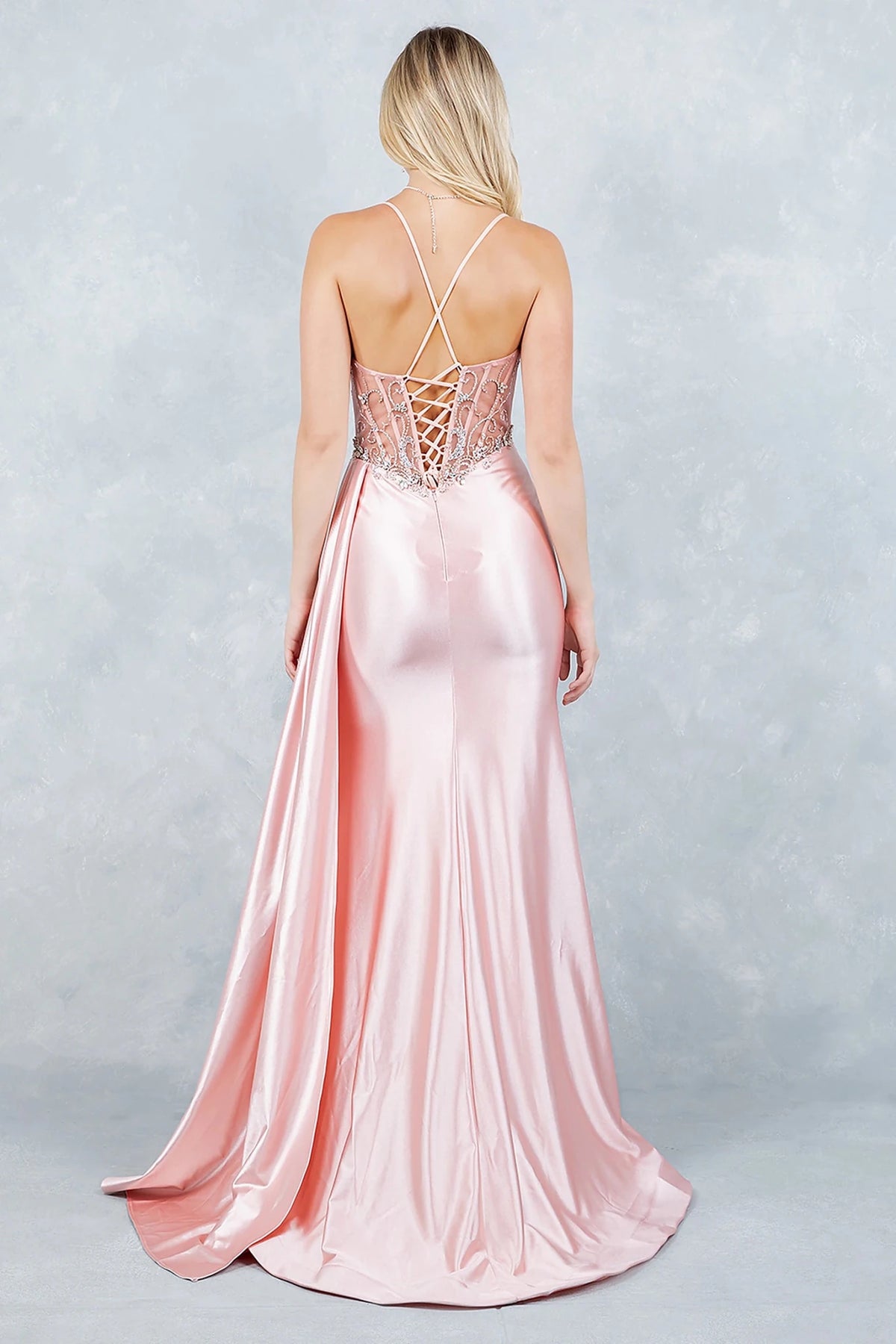 Rear view reveals blush prom dress featuring thin straps framing neckline with lace-up back for custom fit.