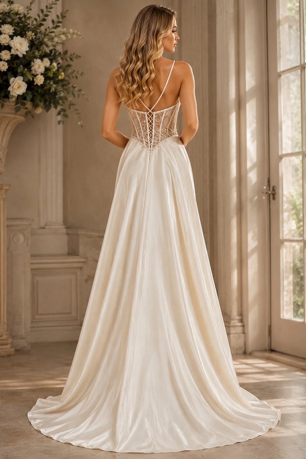 Off White prom dress featuring thin straps framing neckline with lace-up back for custom fit