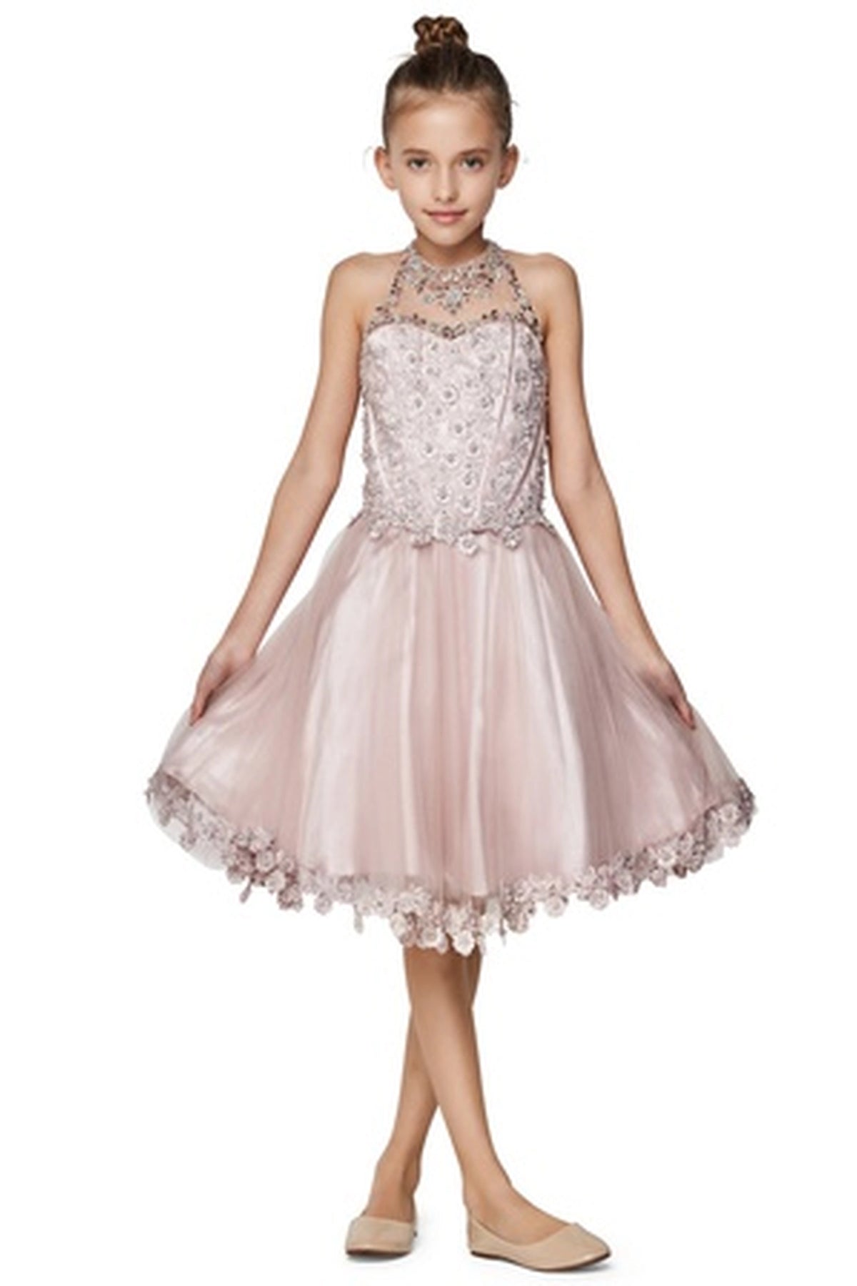 Featuring with a jeweled illusion halter neckline, this Dusty Rose kids party dress displays elegant detail.