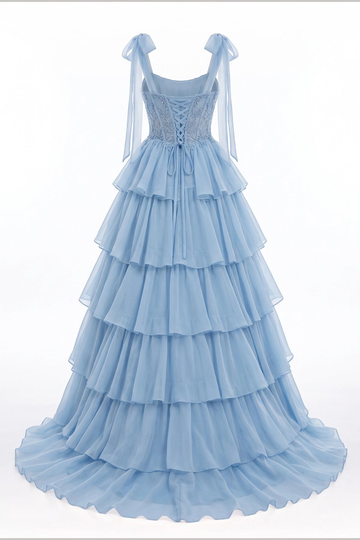 Sweeping hem finishes the back of this Blue prom and evening dress.