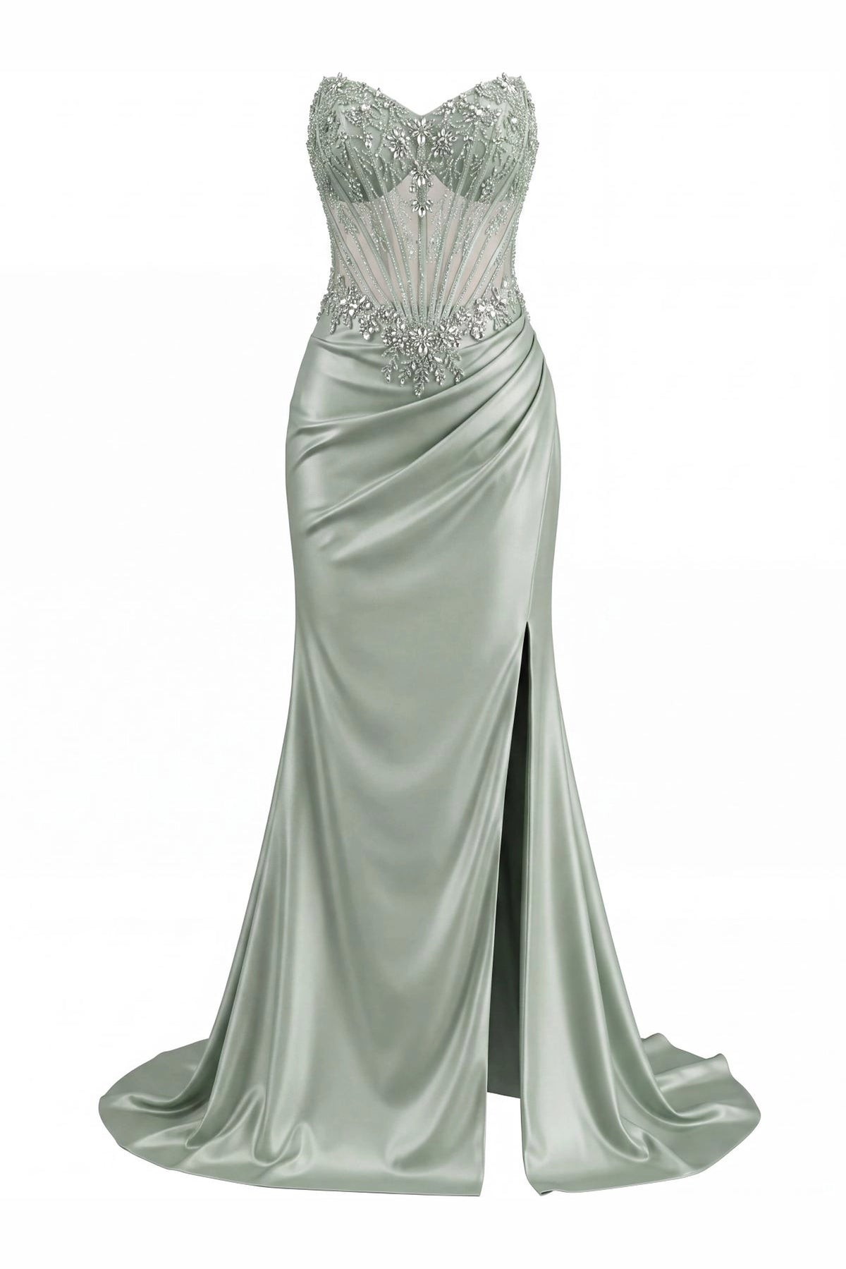 Beaded detailing accents this Sage prom and evening dress.