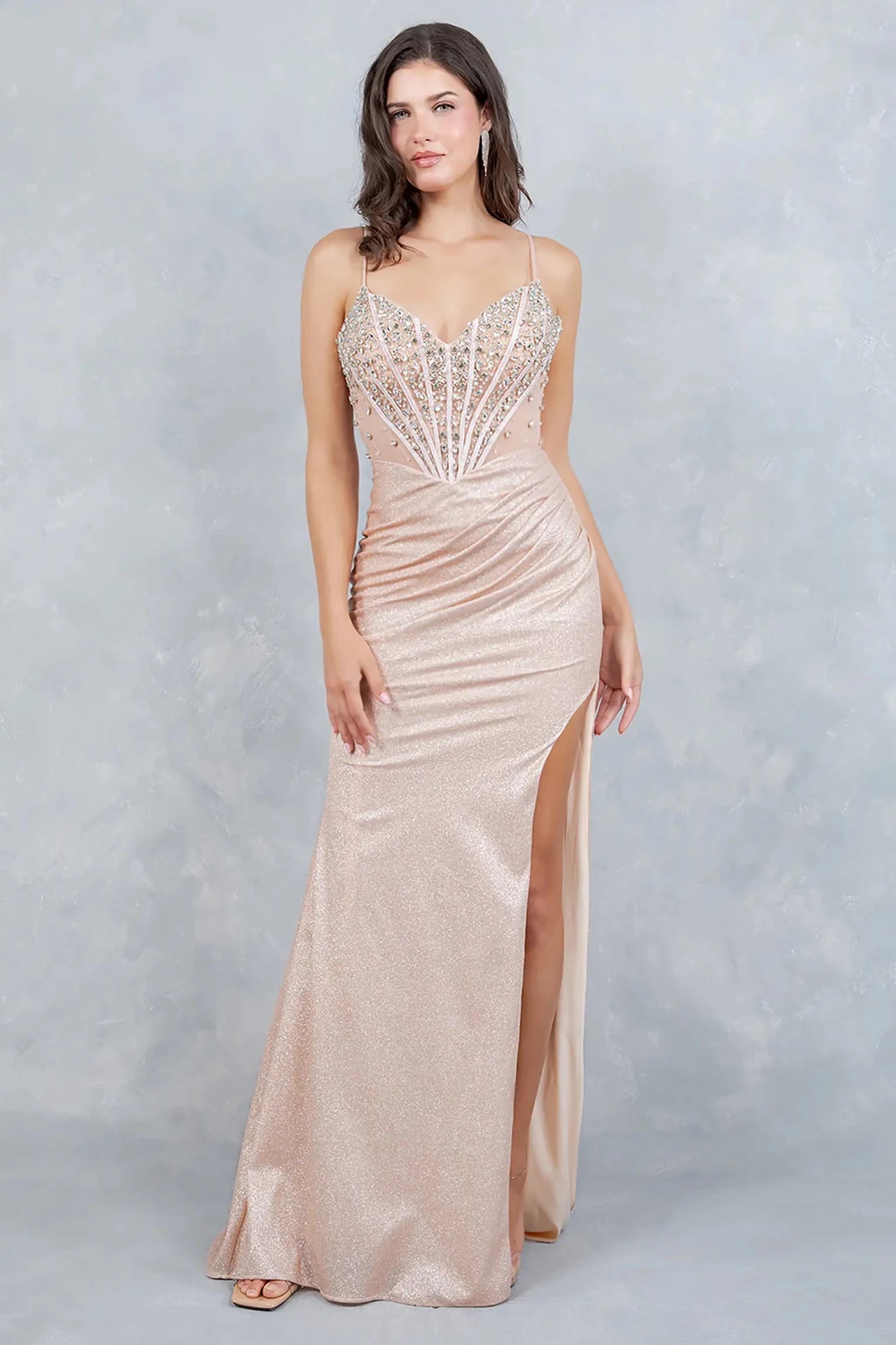 Rose Gold Prom Dress with Crystal Beaded S / Rose Gold
