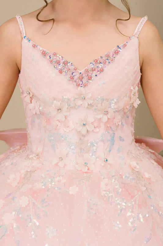 Close-up front-facing view of mini quinceañera ball gown with V-neck corset bodice and sparkling sequin floral embroidery