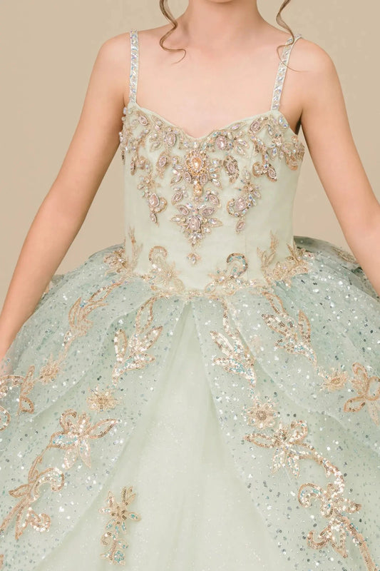Bodice close-up of a sage kids quinceañera dress showing gold embroidery, sequins, and floral applique details.