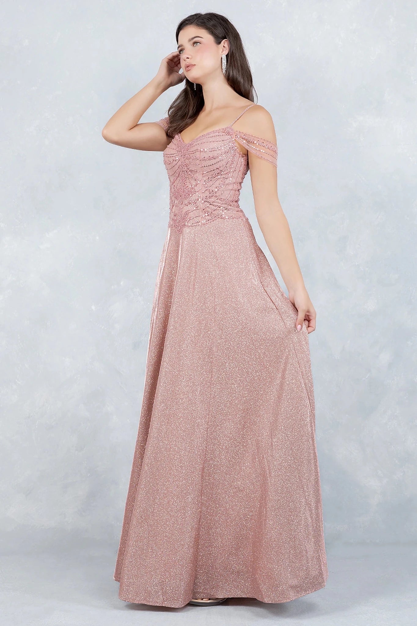 Rose Gold Evening dress completed with floor-length finish for movement