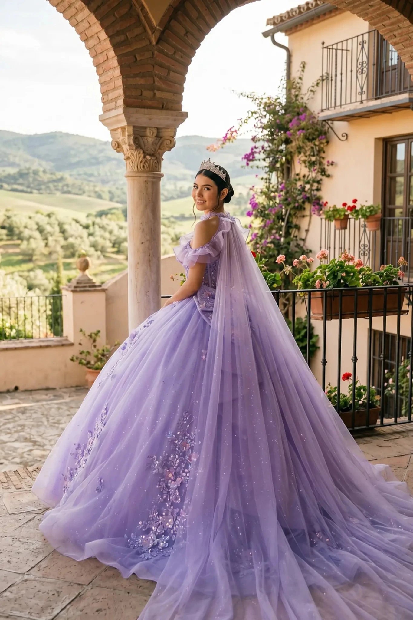 Side view of a woman wearing lilac quinceañera dress highlighting layered glitter tulle, off-shoulder ruffles, and embellished bodice.