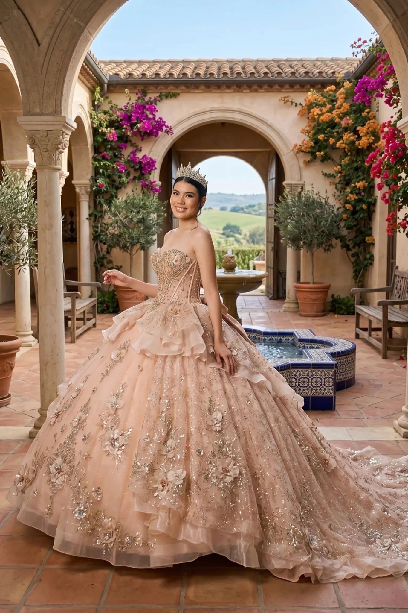 Side view of a woman wearing rose gold quinceañera dress highlighting beaded corset bodice, glitter tulle layers, and floral appliques.