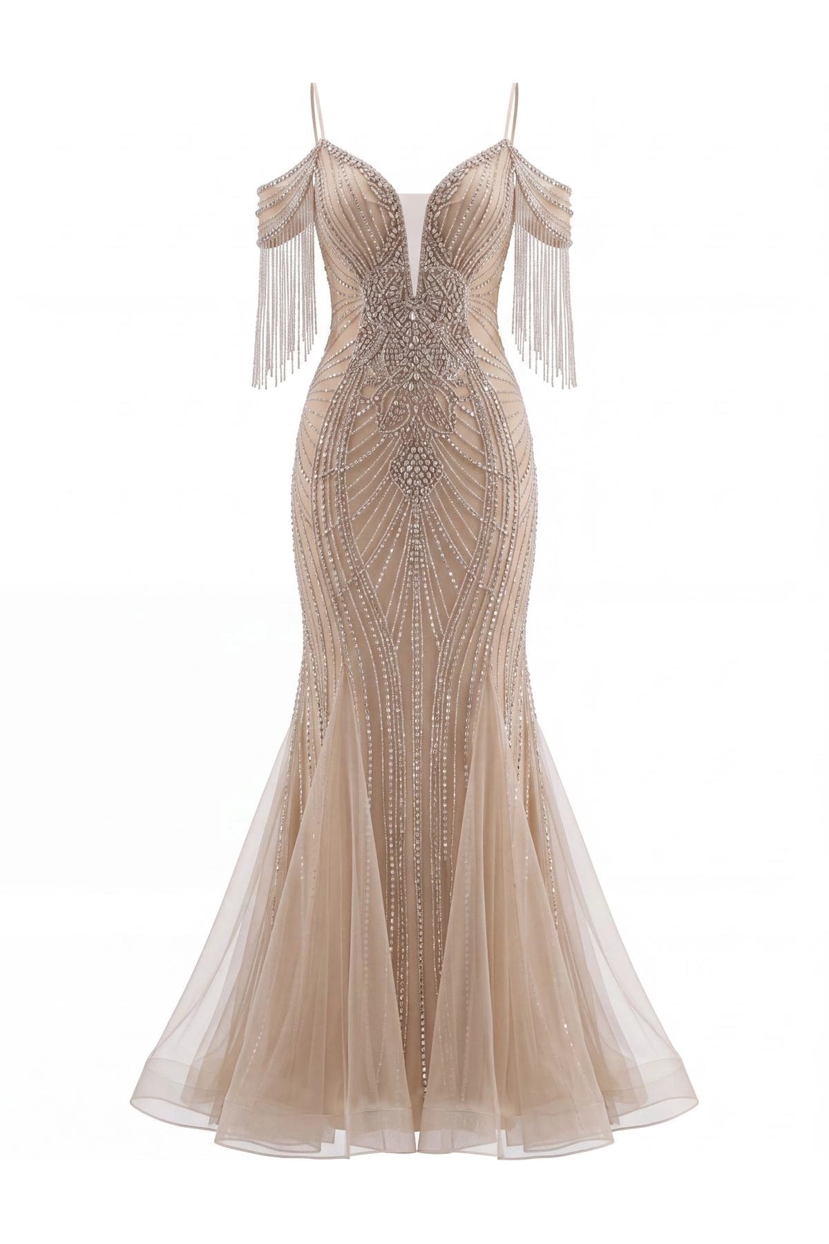 Beaded detailing accents this Champagne prom and evening dress.