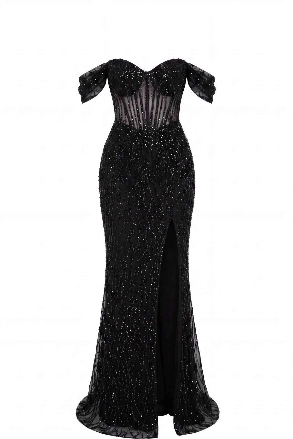 Beaded detailing accents this Black prom and evening dress.