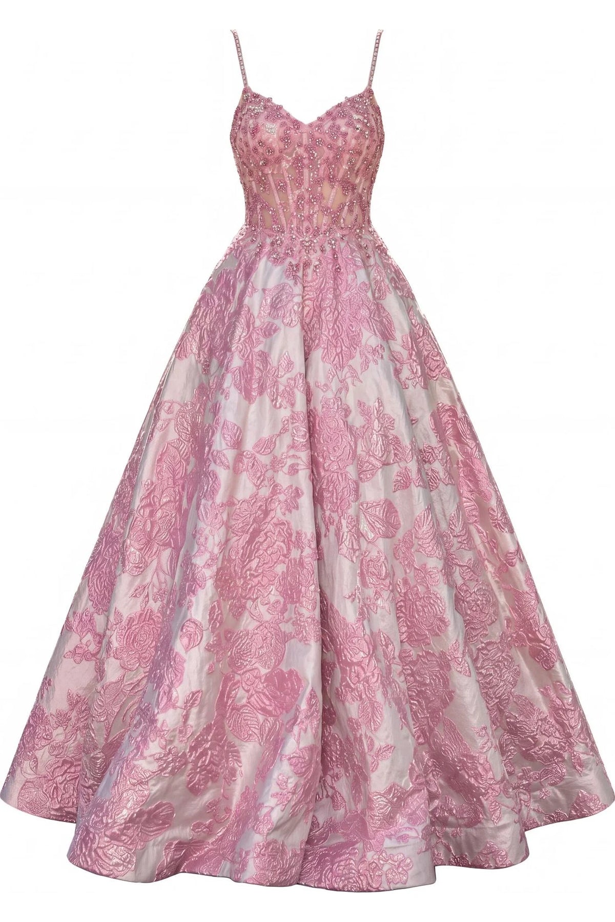 Draped skirt creates a flowing silhouette on this Pink prom and evening dress.