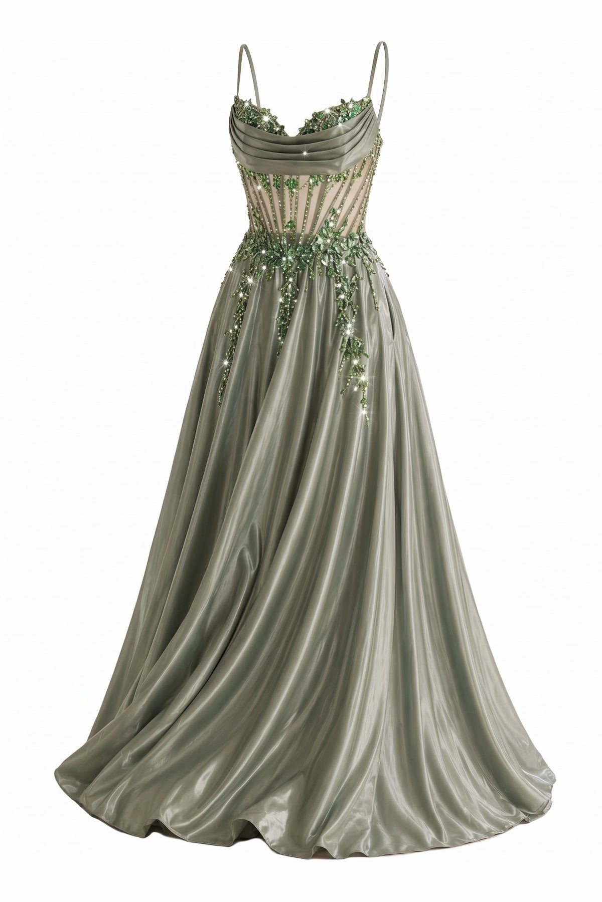 Beaded detailing accents this Sage prom and evening dress.