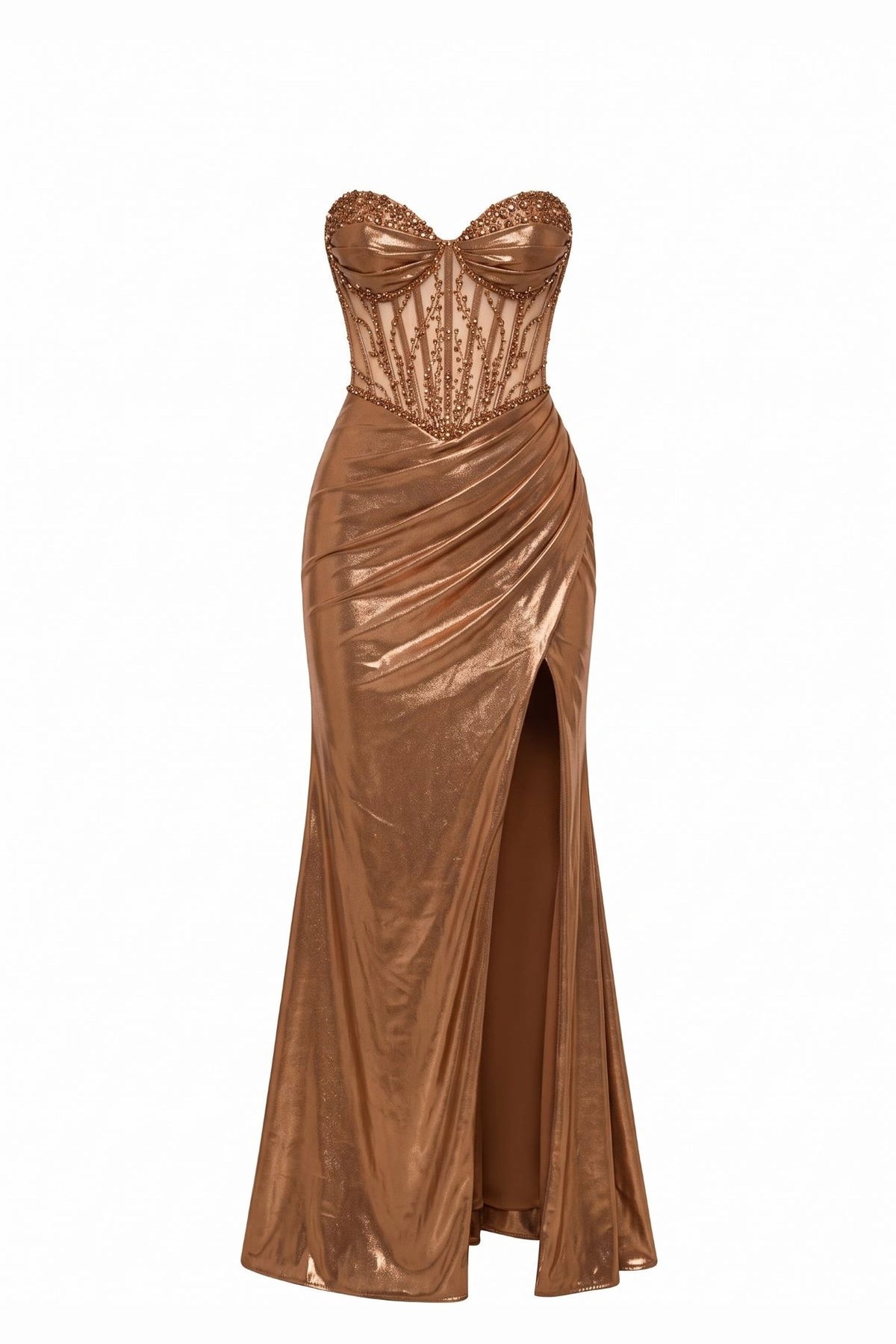 Beaded detailing accents this Mocha prom and evening dress.