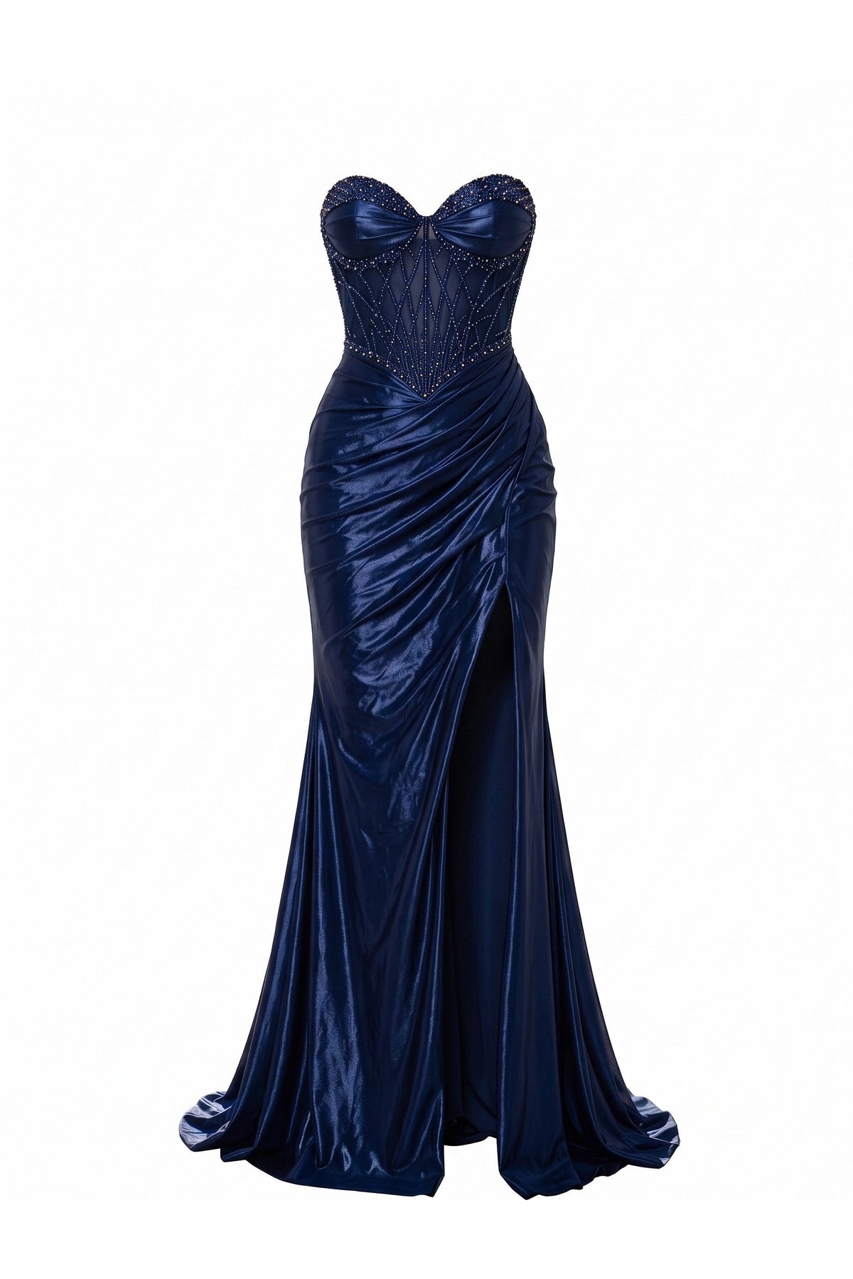 Beaded detailing accents this Navy prom and evening dress.