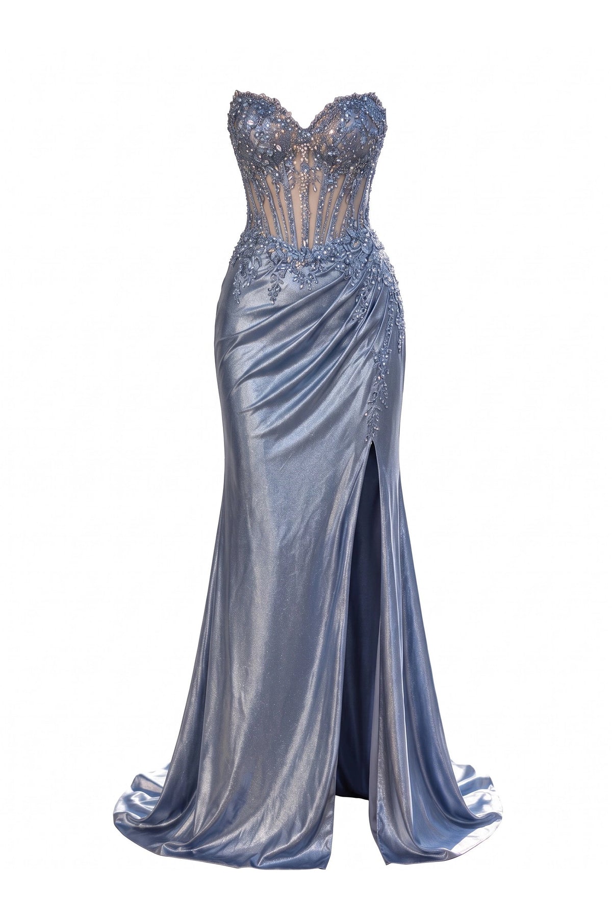 Beaded detailing accents this Dusty Blue prom and evening dress.